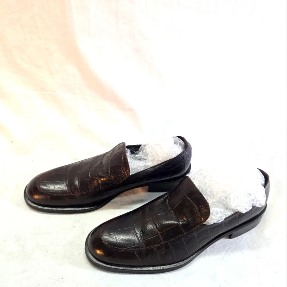 Emporio Armani Men's 38 Brown Croc   Embossed Leather Loafers Shoes